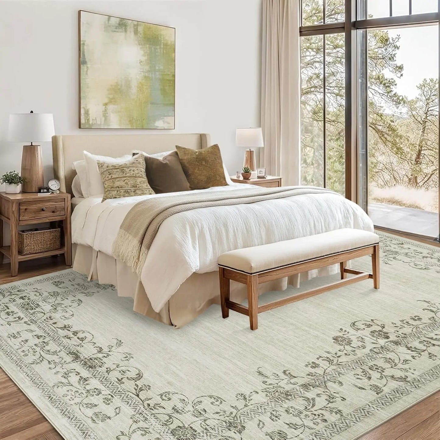Washable Area Floral Bordered Large Rug Soft Carpet