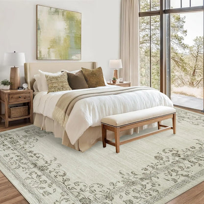 Washable Area Floral Bordered Large Rug Soft Carpet
