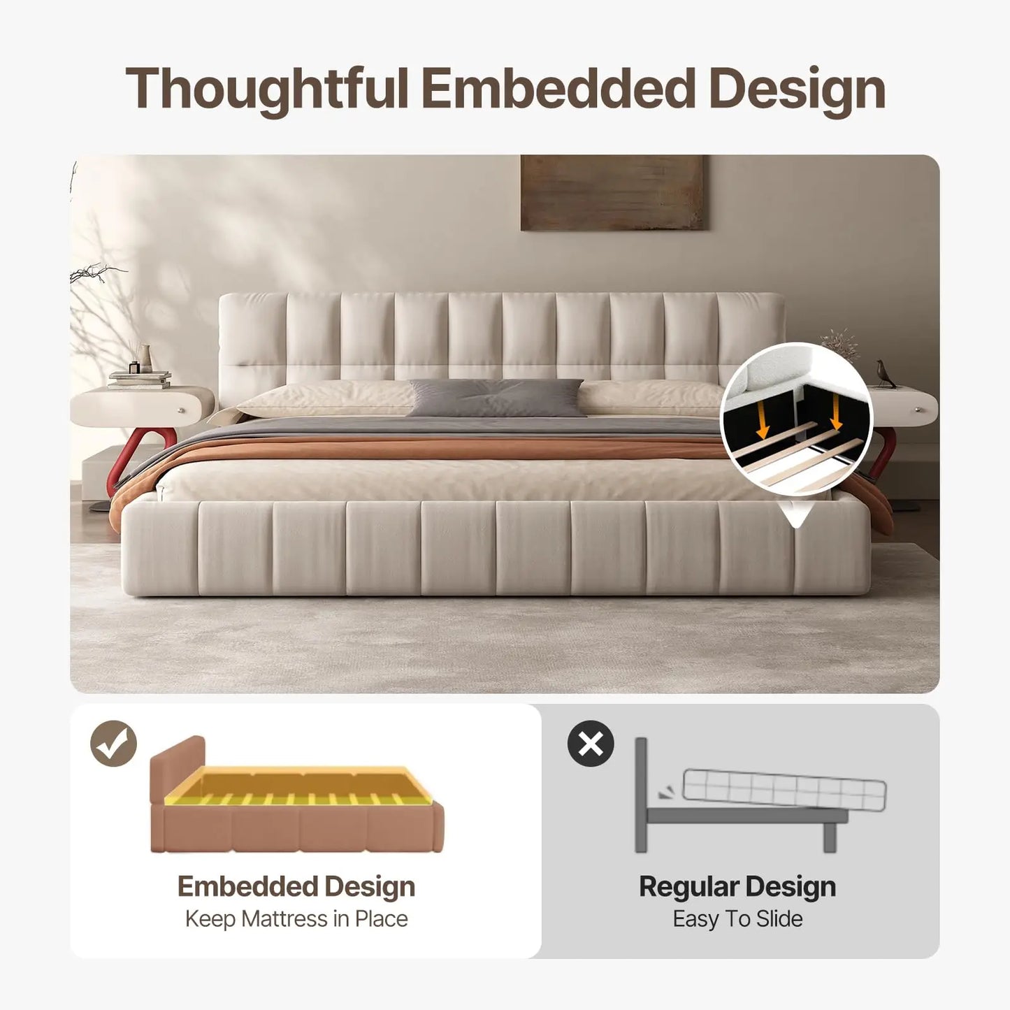 Queen Cloud Platform Bed with 38.5-inch Extra-Thick Soft Headboard, Cream