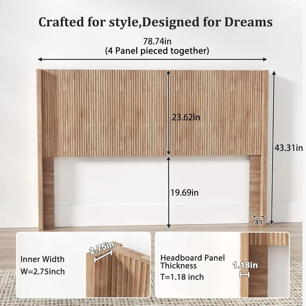 King Size Fluted Headboard ONLY - Wall Mount Wood, Rustic & Modern