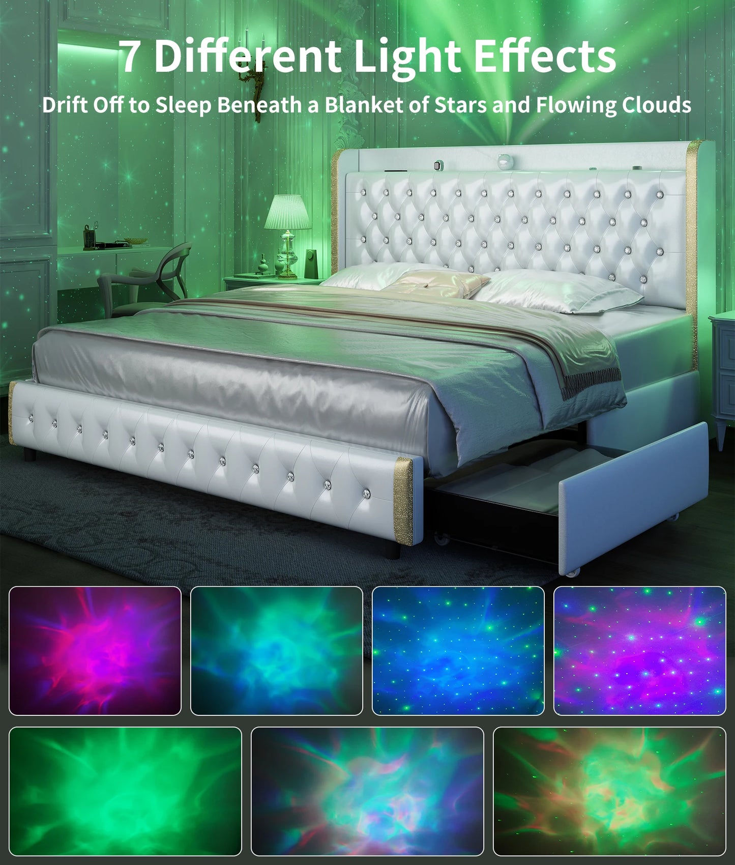 Queen LED Bed Frame Galaxy Projector, Bluetooth Speaker, USB Ports