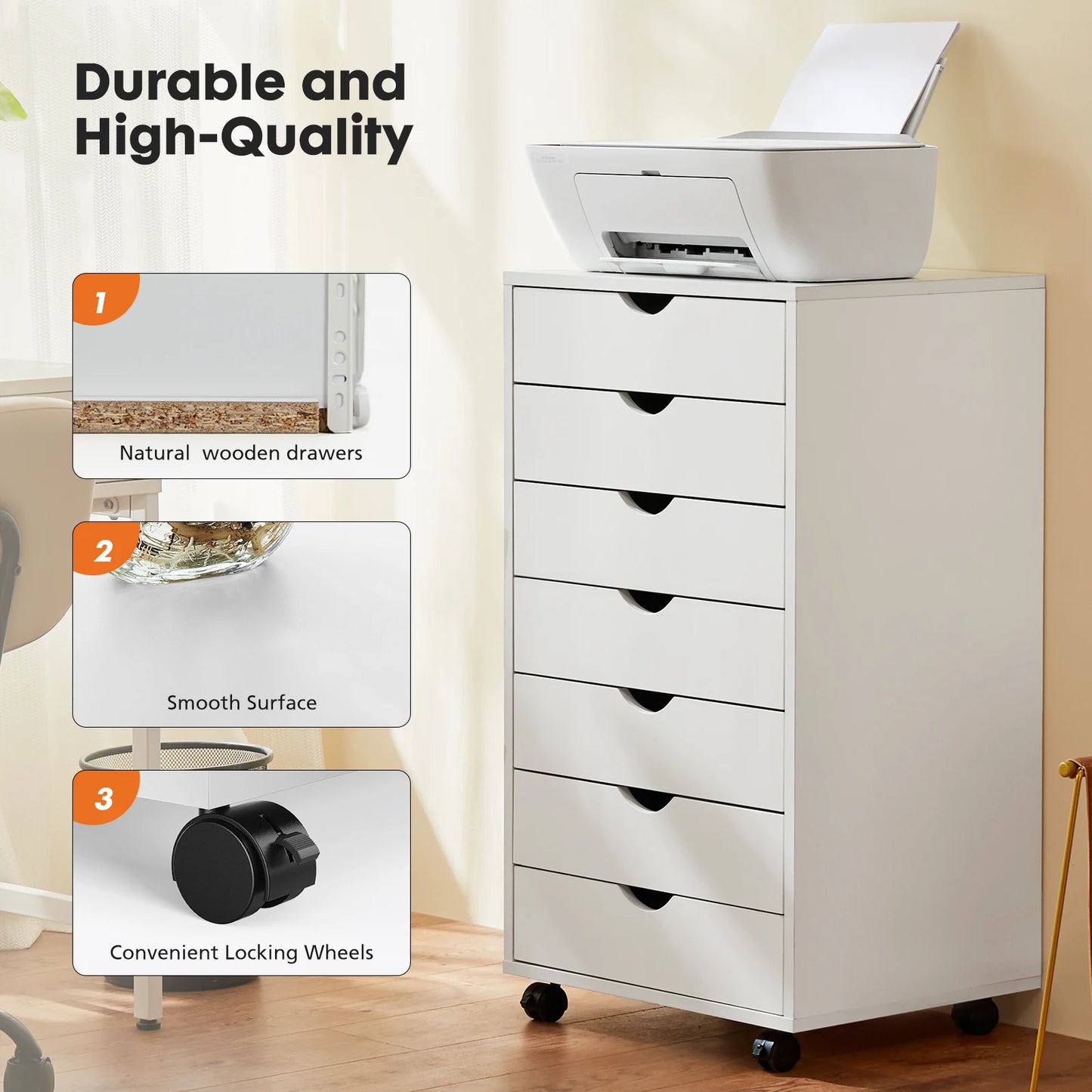 7 Wooden Drawer Rolling Chest Dresser/Nightstand Storage Cabinet