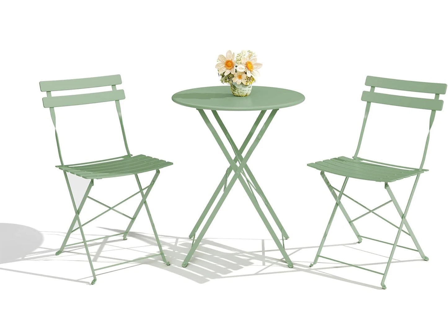 3Pcs Patio Bistro Set, Metal Frame Space-Saving Folding Table and Chairs
