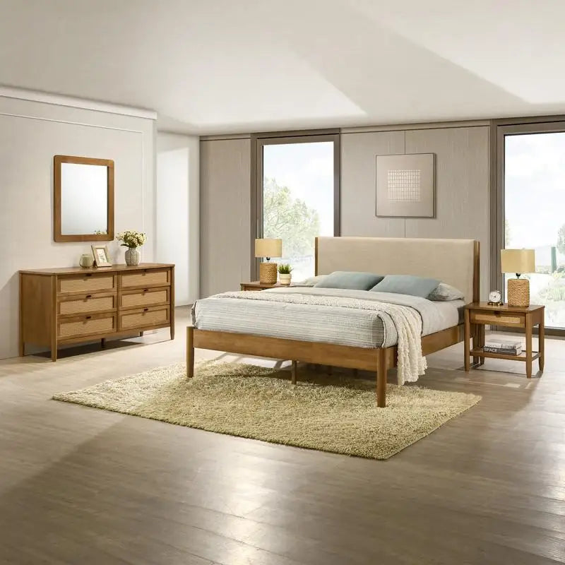 5-Piece Bedroom Set Upholstered Queen Bed, Dresser, Mirror & 2 Nightstands