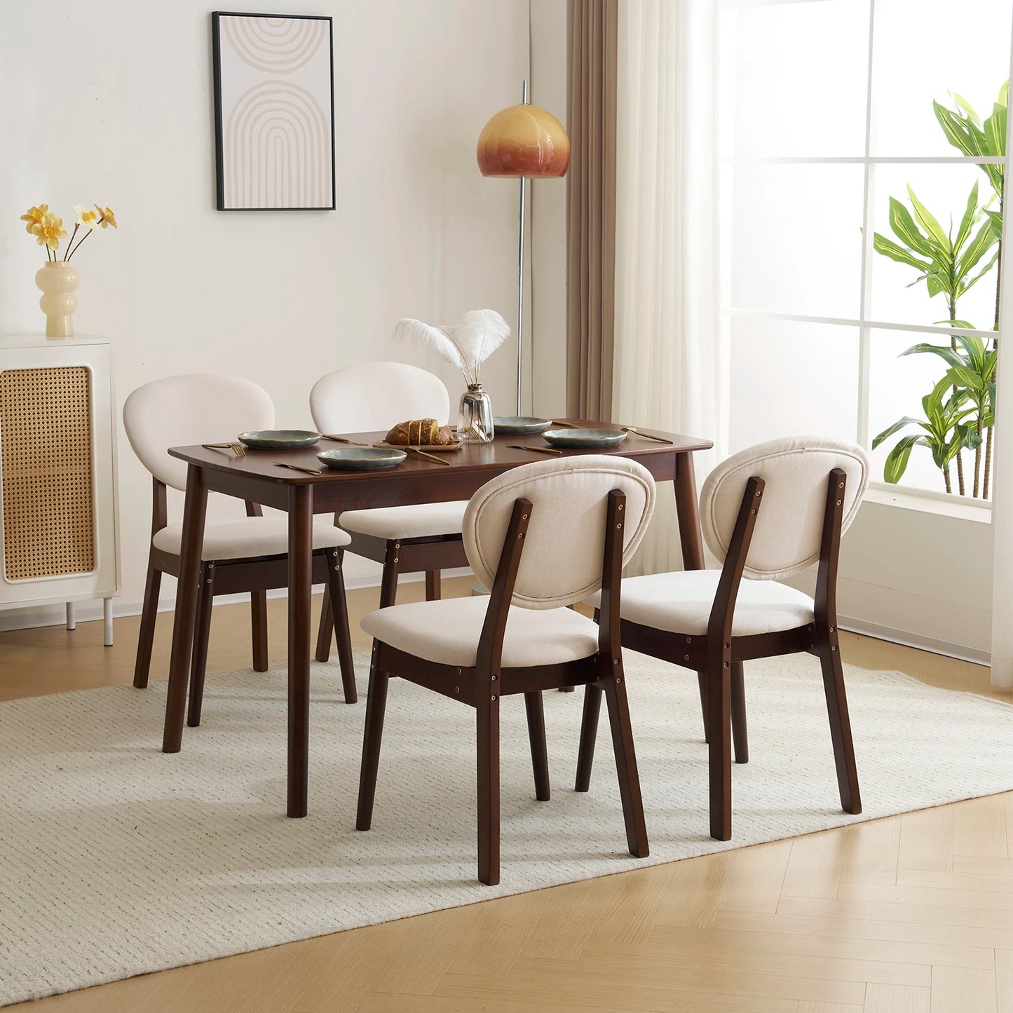 Rubber wood soft back deep walnut dining set beige