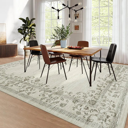 Washable Area Floral Bordered Large Rug Soft Carpet