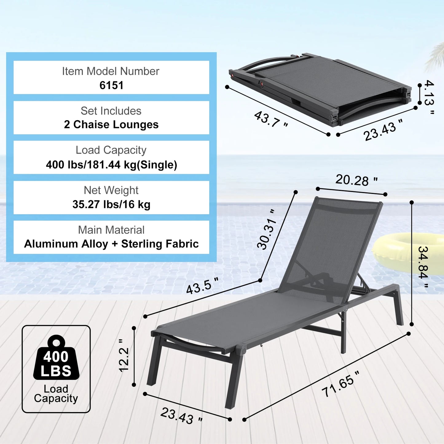 Chaise Lounge Chair Outdoor Aluminum Folding Pool Lounge Recliner