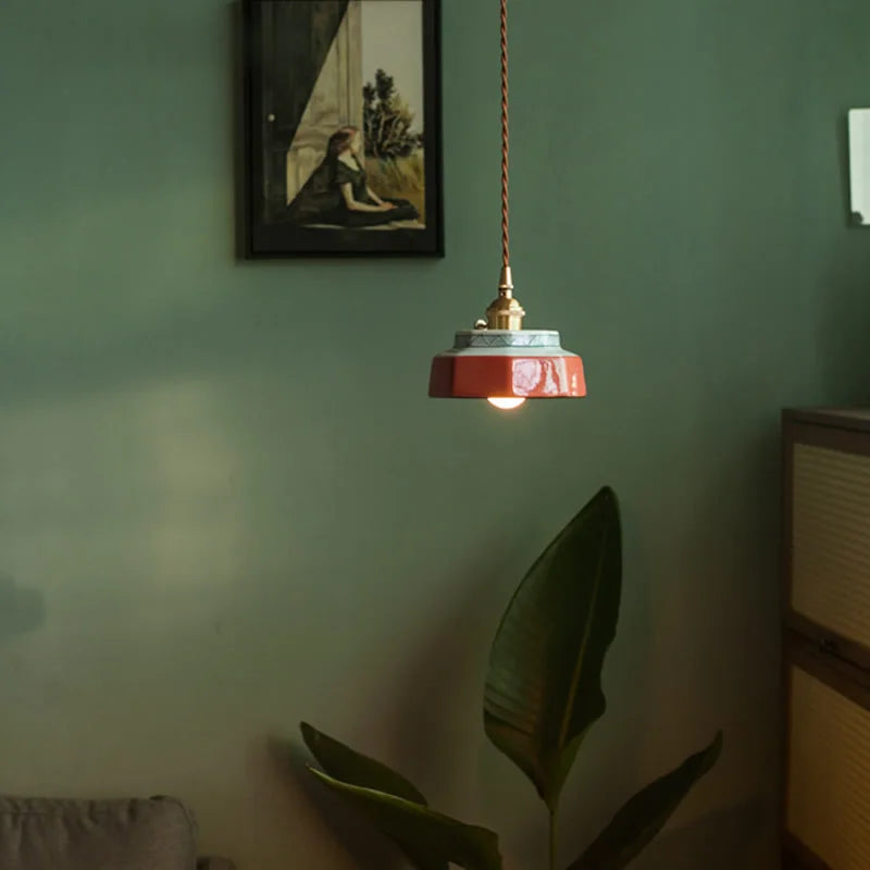 Vintage LED Pendant Light Freehand Painting Ceramic Copper