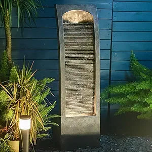 Modern Indoor Curved Faux Slate Waterfall Fountain with LED Lighting,