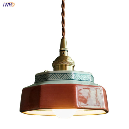 Vintage LED Pendant Light Freehand Painting Ceramic Copper