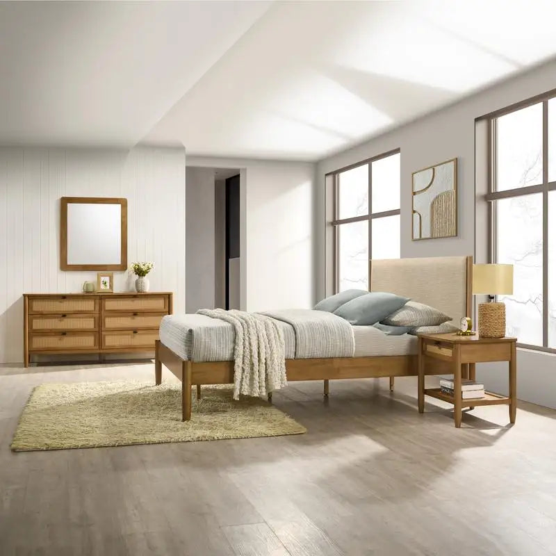 5-Piece Bedroom Set Upholstered Queen Bed, Dresser, Mirror & 2 Nightstands
