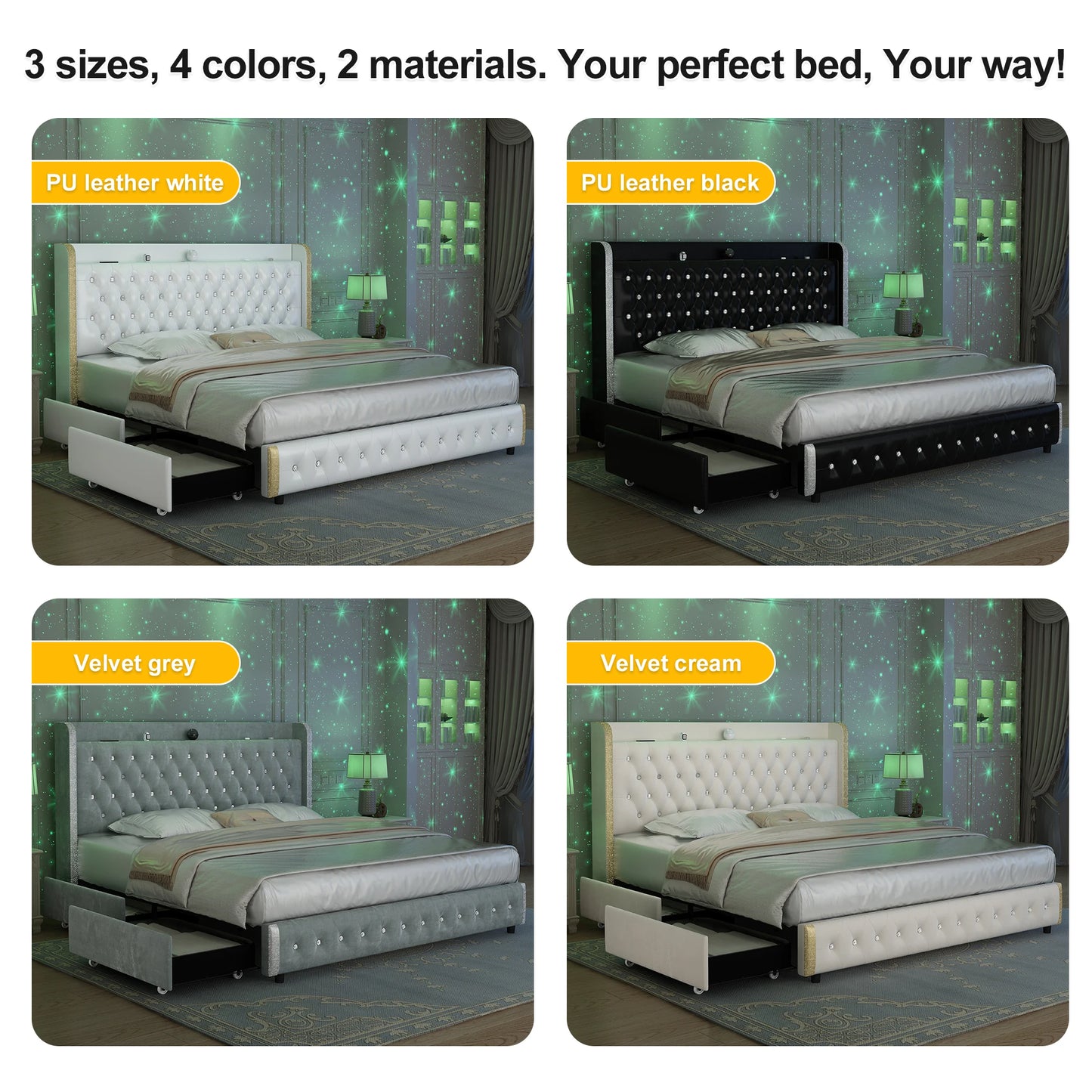 Queen LED Bed Frame Galaxy Projector, Bluetooth Speaker, USB Ports