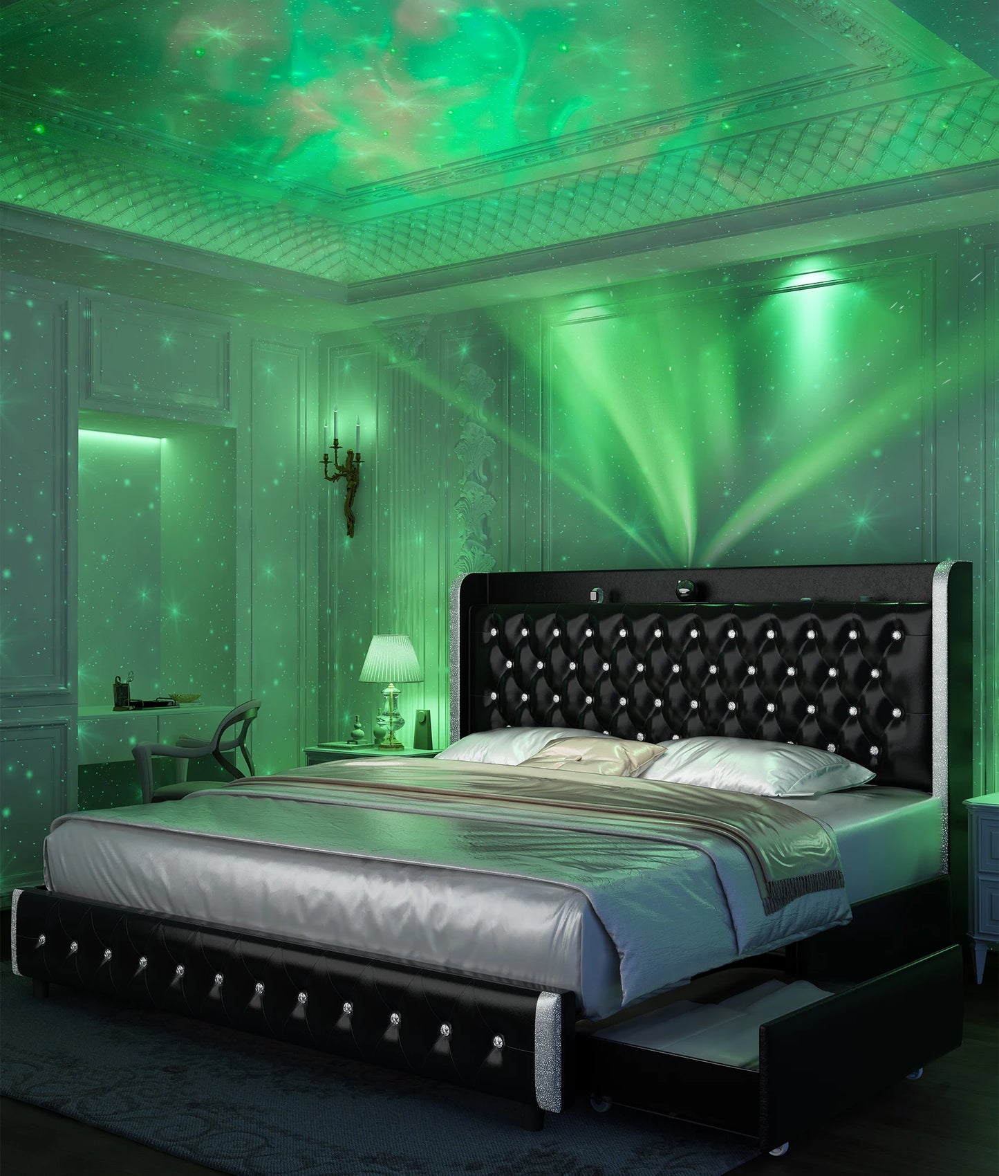 Queen LED Bed Frame Galaxy Projector, Bluetooth Speaker, USB Ports