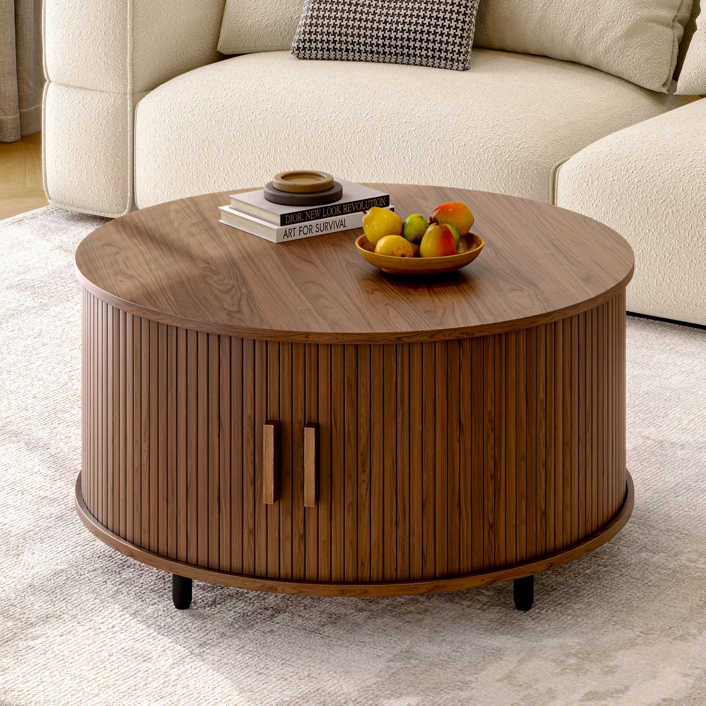 Round Coffee Table Modern 360° Curved Sliding Door, Fluted Wood