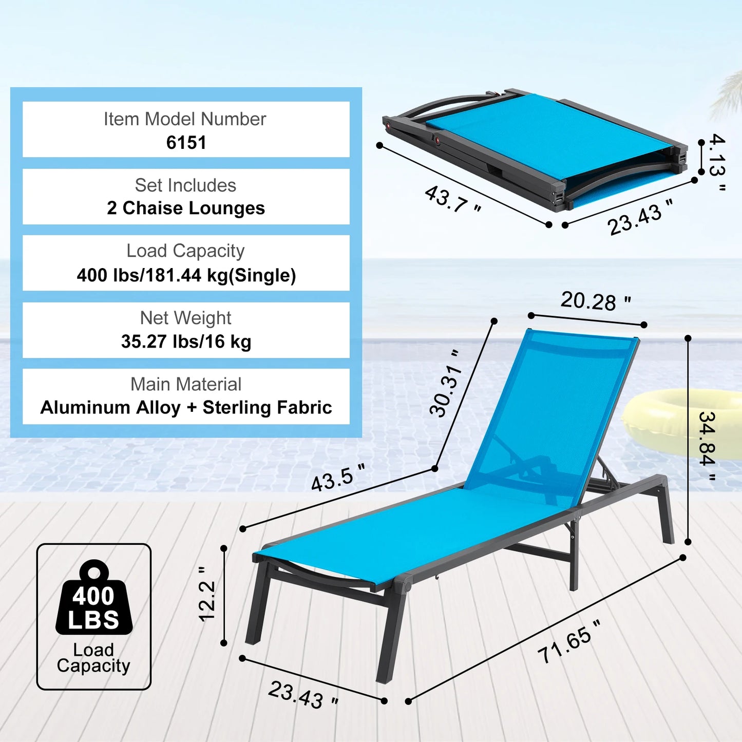 Chaise Lounge Chair Outdoor Aluminum Folding Pool Lounge Recliner