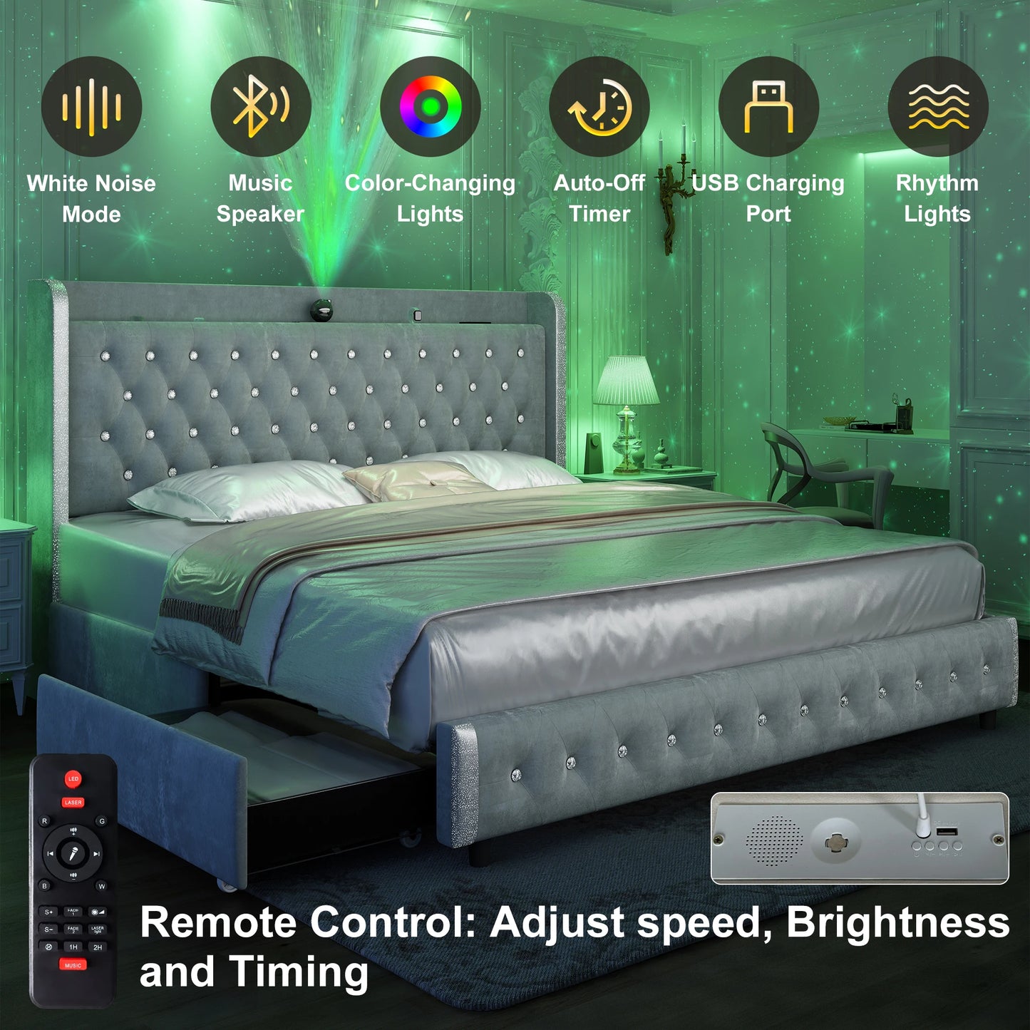 Queen LED Bed Frame Galaxy Projector, Bluetooth Speaker, USB Ports