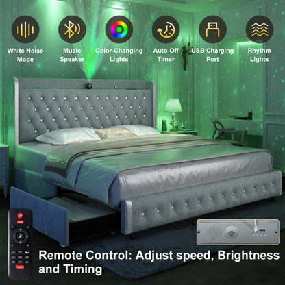 Queen LED Bed Frame Galaxy Projector, Bluetooth Speaker, USB Ports