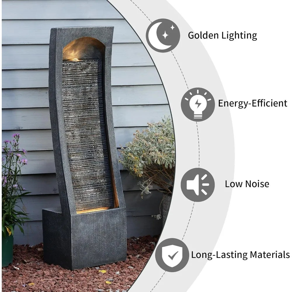 Modern Indoor Curved Faux Slate Waterfall Fountain with LED Lighting,