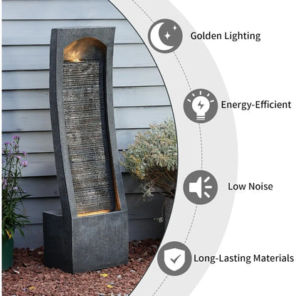 Modern Indoor Curved Faux Slate Waterfall Fountain with LED Lighting,