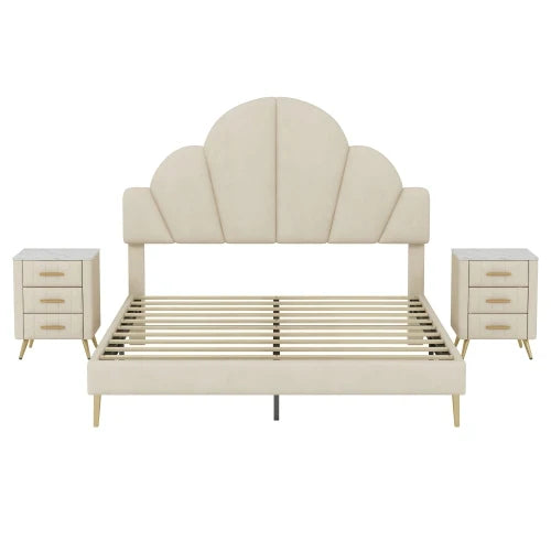 3 Pieces Queen Size Modern Velvet Upholstered Bed Frame