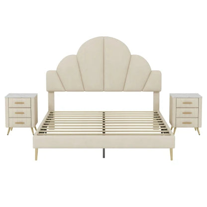 3 Pieces Queen Size Modern Velvet Upholstered Bed Frame