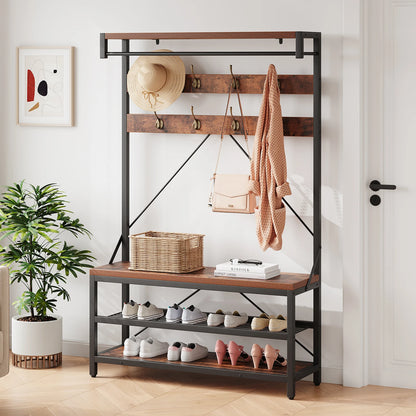 72Inch Tall Coat Rack 5-in-1 Shoe Rack/Bench, Storage shelves 8 Hooks