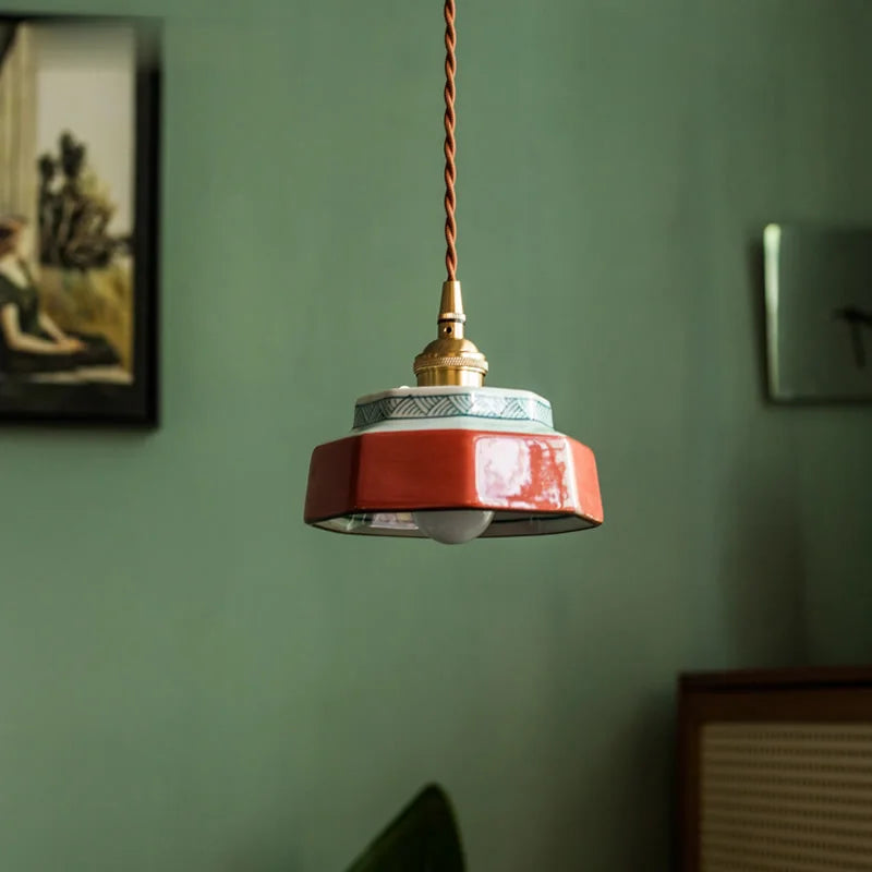 Vintage LED Pendant Light Freehand Painting Ceramic Copper
