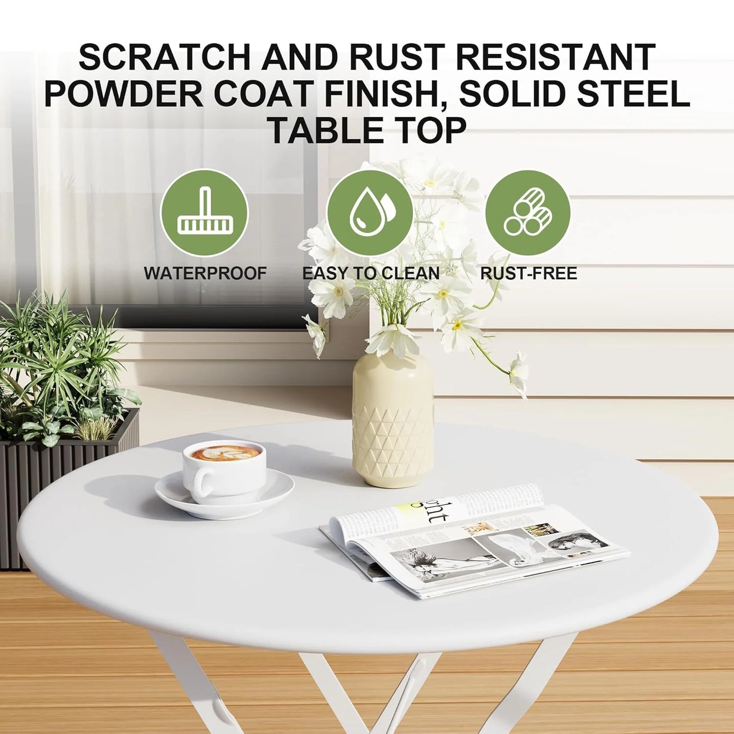 3Pcs Patio Bistro Set, Metal Frame Space-Saving Folding Table and Chairs