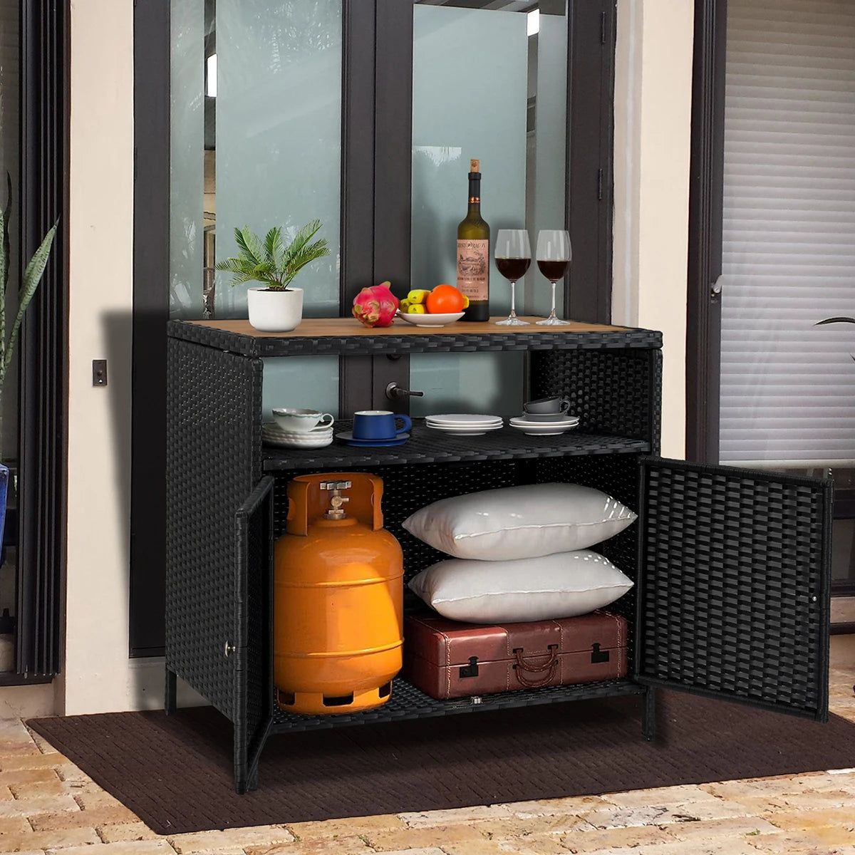 Weatherproof Outdoor Wicker Bar Table Storage Cabinet Double Doors & Shelves