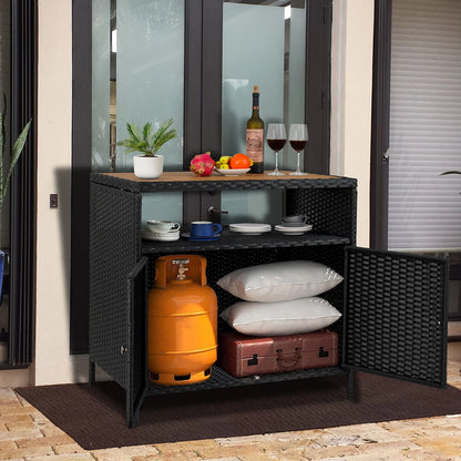 Weatherproof Outdoor Wicker Bar Table Storage Cabinet Double Doors & Shelves