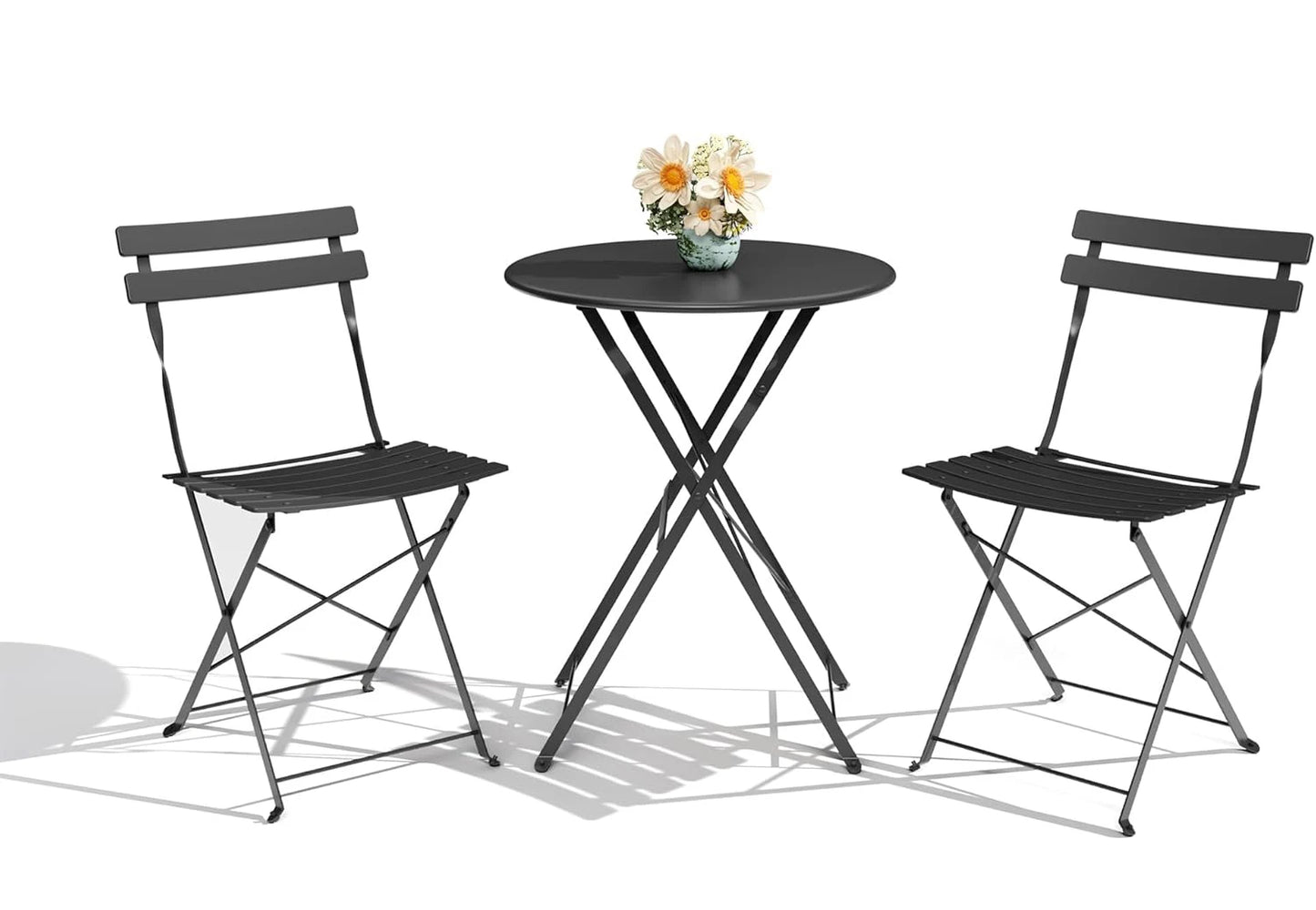 3Pcs Patio Bistro Set, Metal Frame Space-Saving Folding Table and Chairs