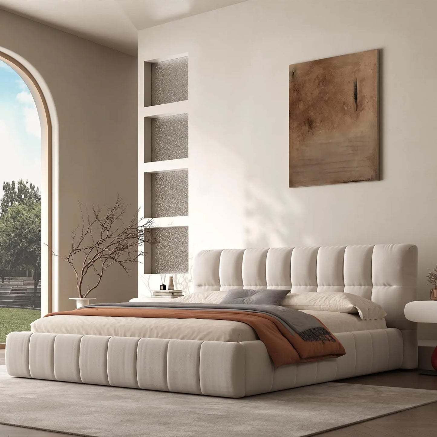 Queen Cloud Platform Bed with 38.5-inch Extra-Thick Soft Headboard, Cream
