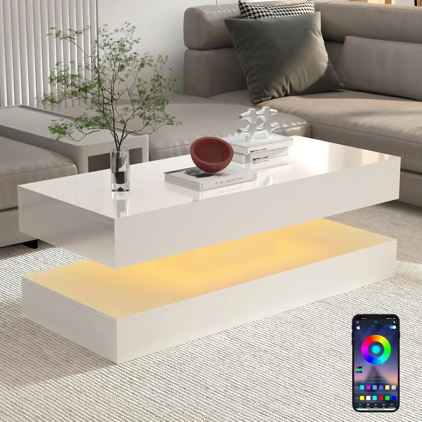 Modern Double-Layer Coffee Table with LED lights, 2 Storage Drawers