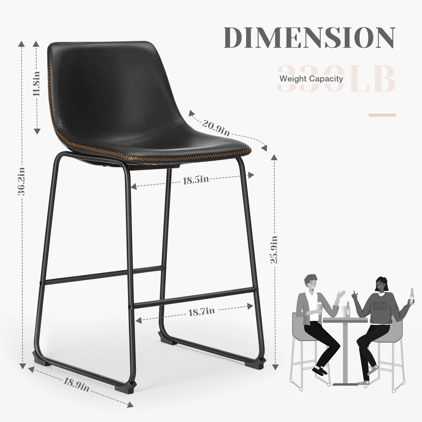 Pu Leather Bar Stools Set of 2 Counter Height Modern Stool