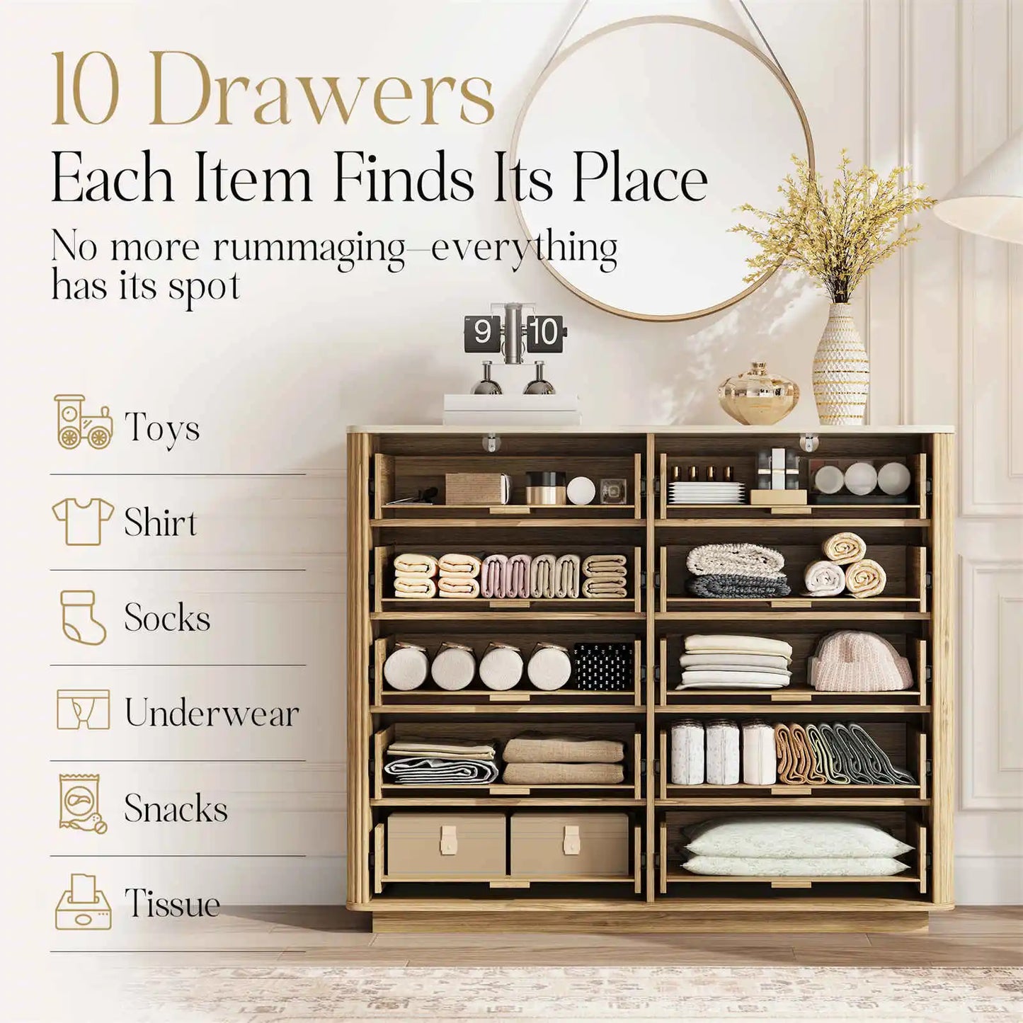 Tall 10 Drawer Storage Cabinet/Dresser 39.3in Fluted Organizer, Beige