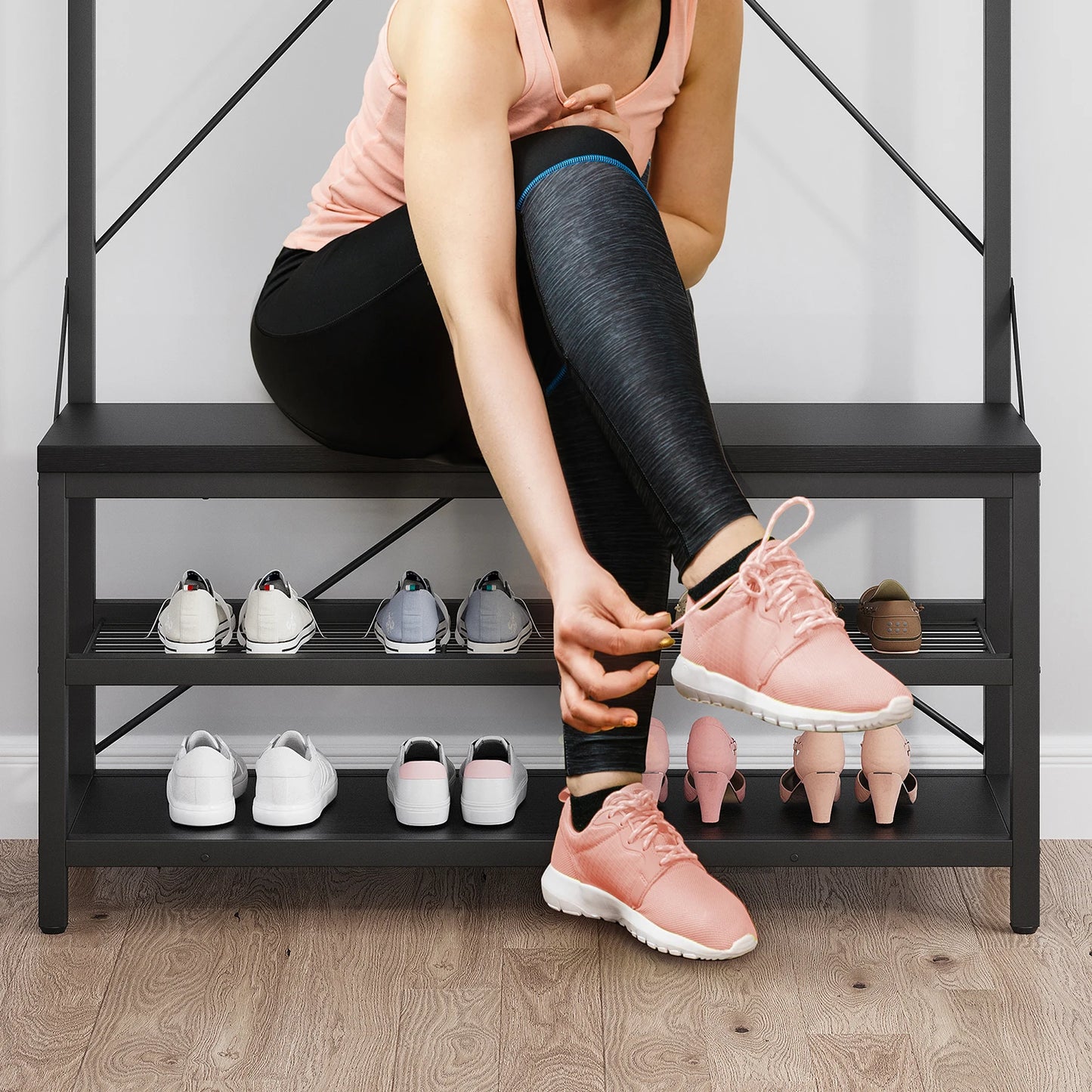 72Inch Tall Coat Rack 5-in-1 Shoe Rack/Bench, Storage shelves 8 Hooks