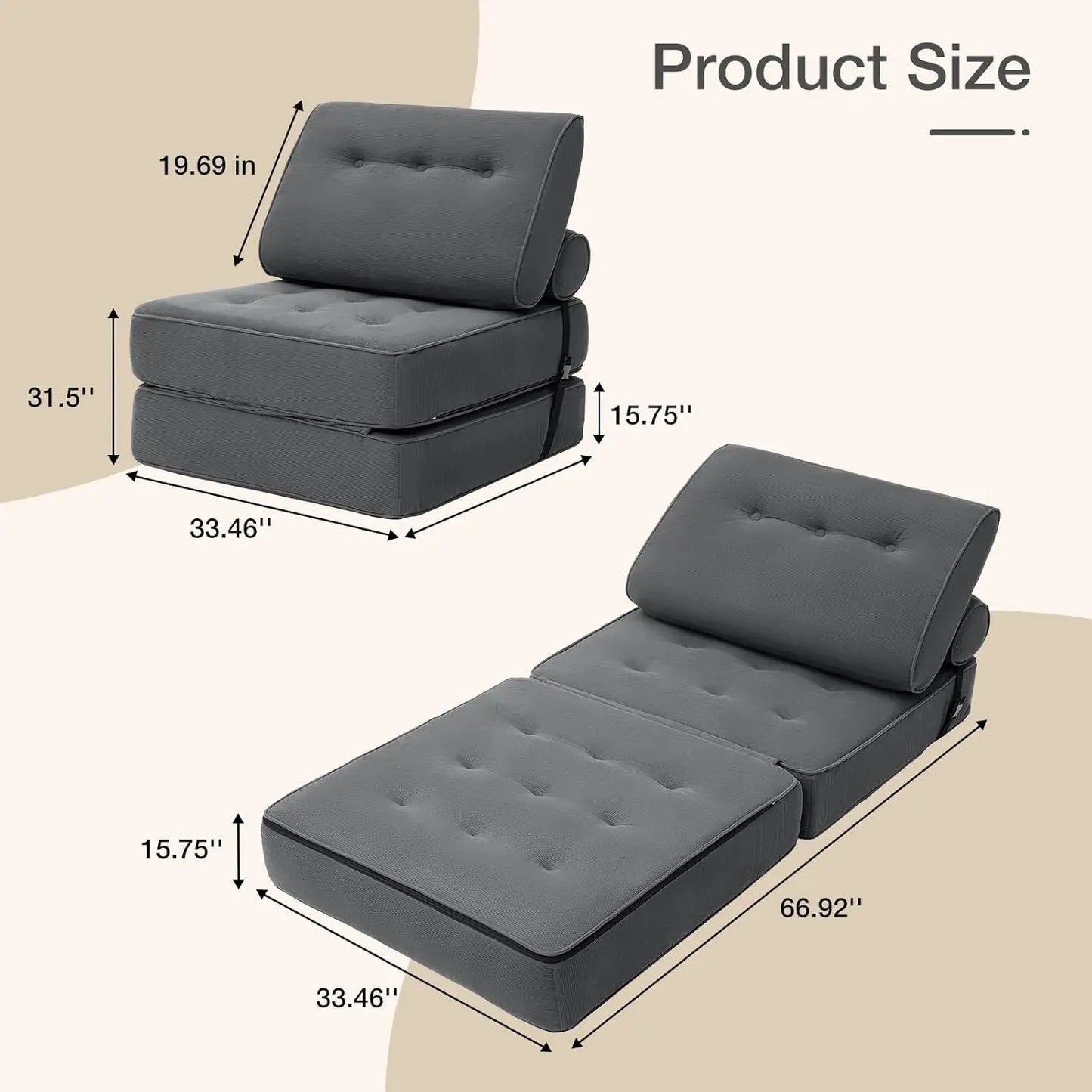 Folding Sofa Bed Fold Out Chair Bed with Pillow, Beige