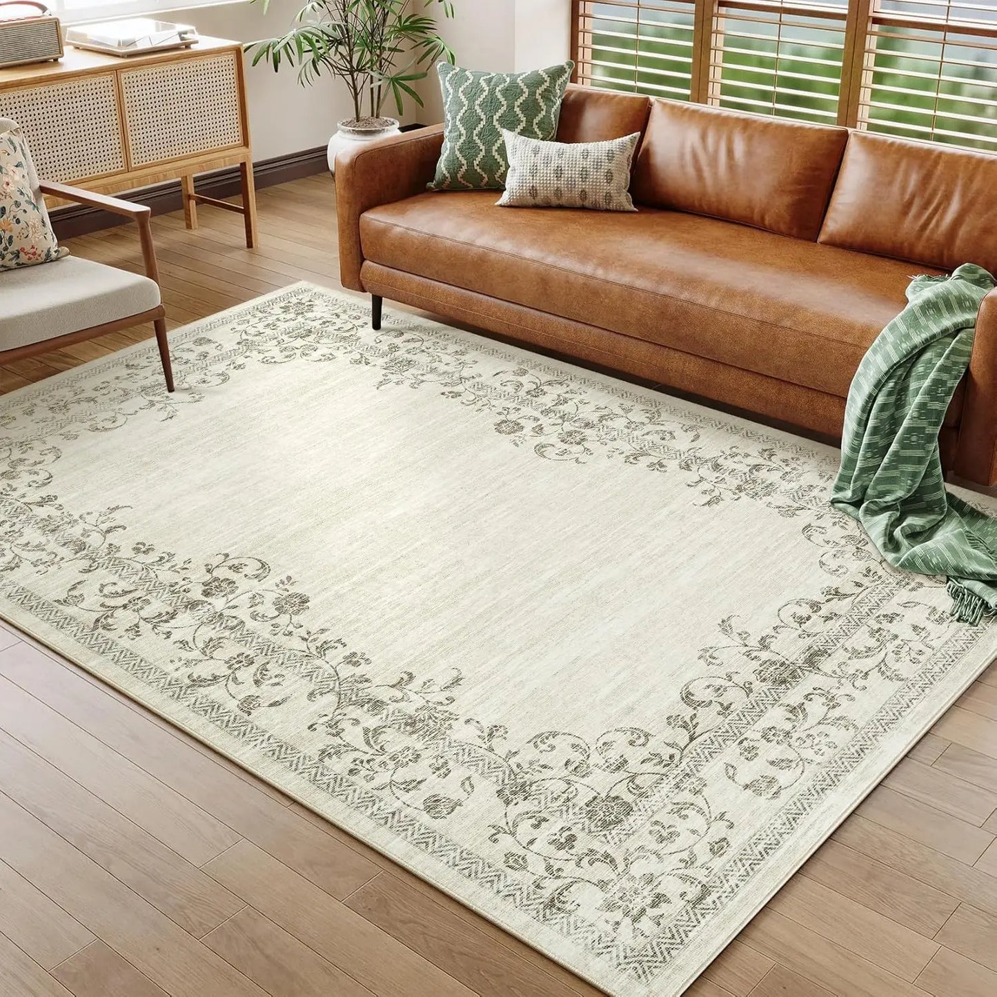Washable Area Floral Bordered Large Rug Soft Carpet