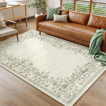 Washable Area Floral Bordered Large Rug Soft Carpet