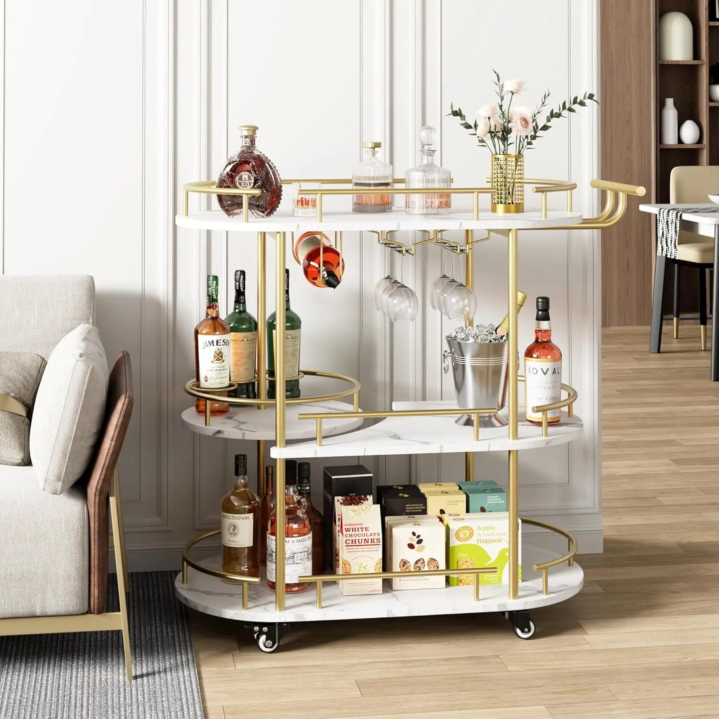 Gold Bar Carts with 4-Tiers Storage Shelves Mobile Bar