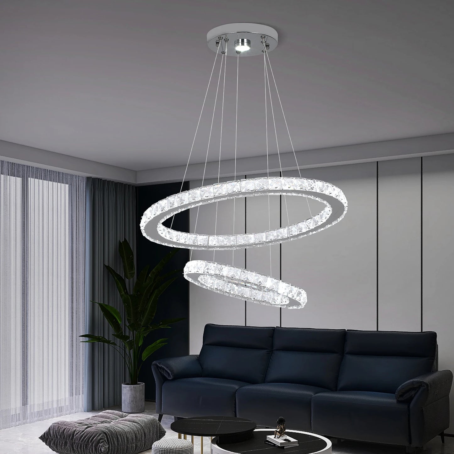 Modern Led  Pendant Light Luxury Crystal Rings Dimmable Chandelier
