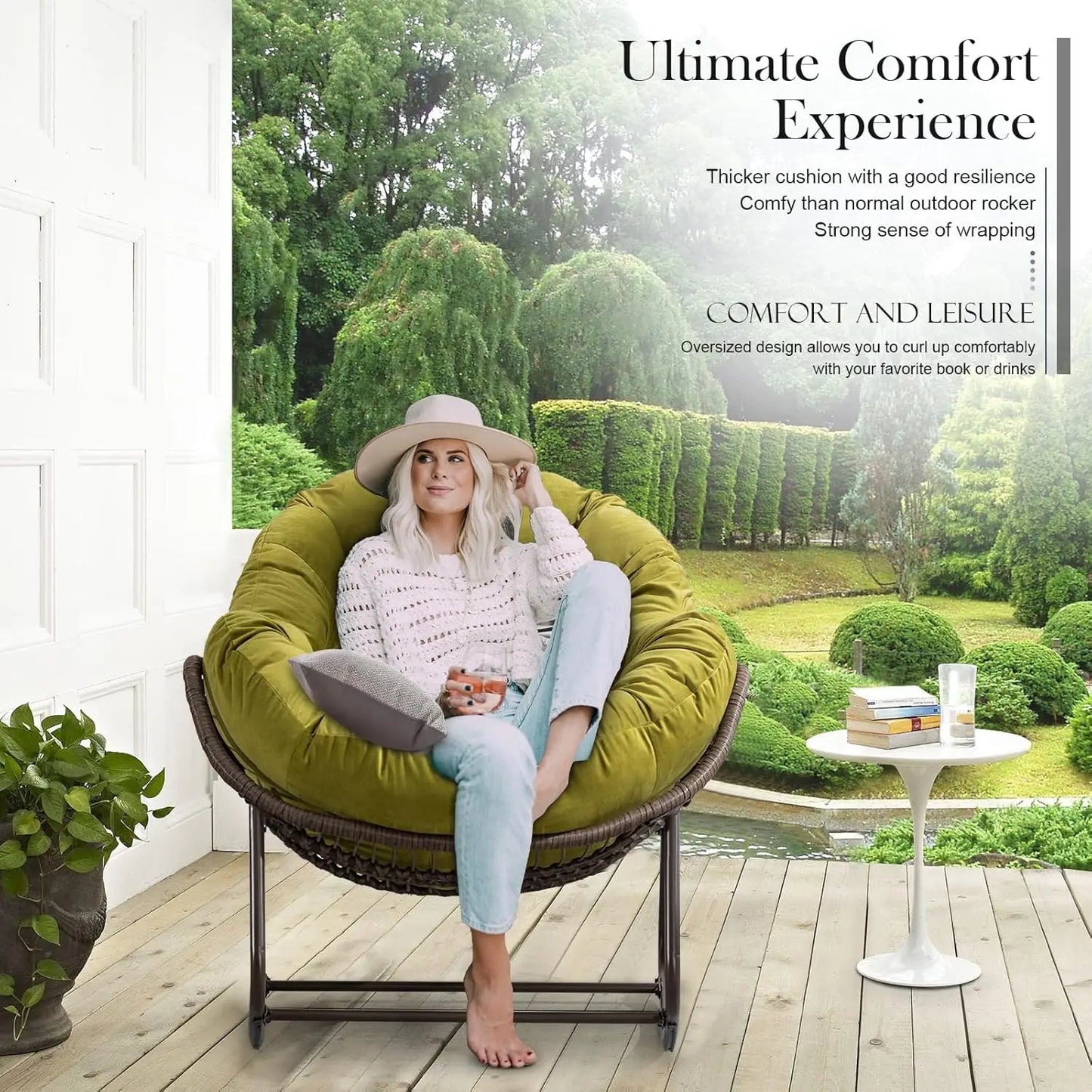 Oversized Rattan Egg Rocking Chair Padded Cushion Indoor Outdoor