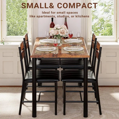 Dining Table Set for 4, Wood Kitchen Table/Upholstered Chairs , Rustic Brown