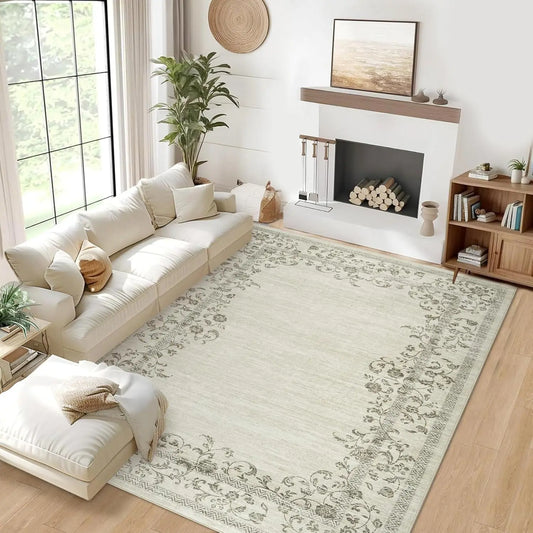 Washable Area Floral Bordered Large Rug Soft Carpet