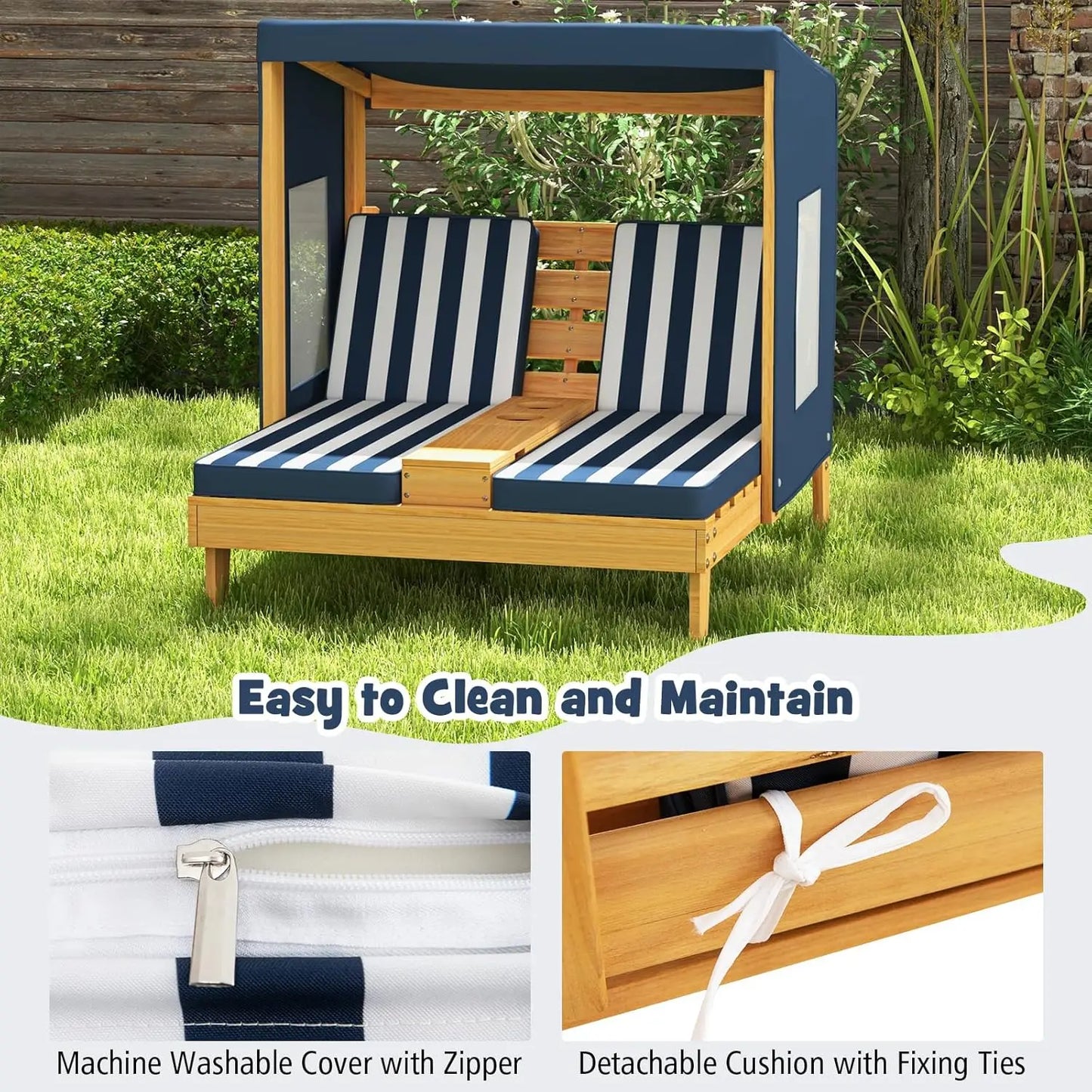 Kids Chaise Lounge Chair Outdoor, Toddler Wood Double Pool Lounger
