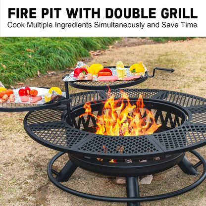 47 Inch Fire Pit with 2 Grills, Outdoor Extra Large Firepits for Outside,