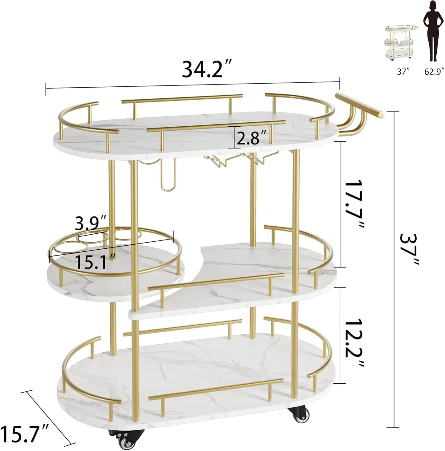 Gold Bar Carts with 4-Tiers Storage Shelves Mobile Bar