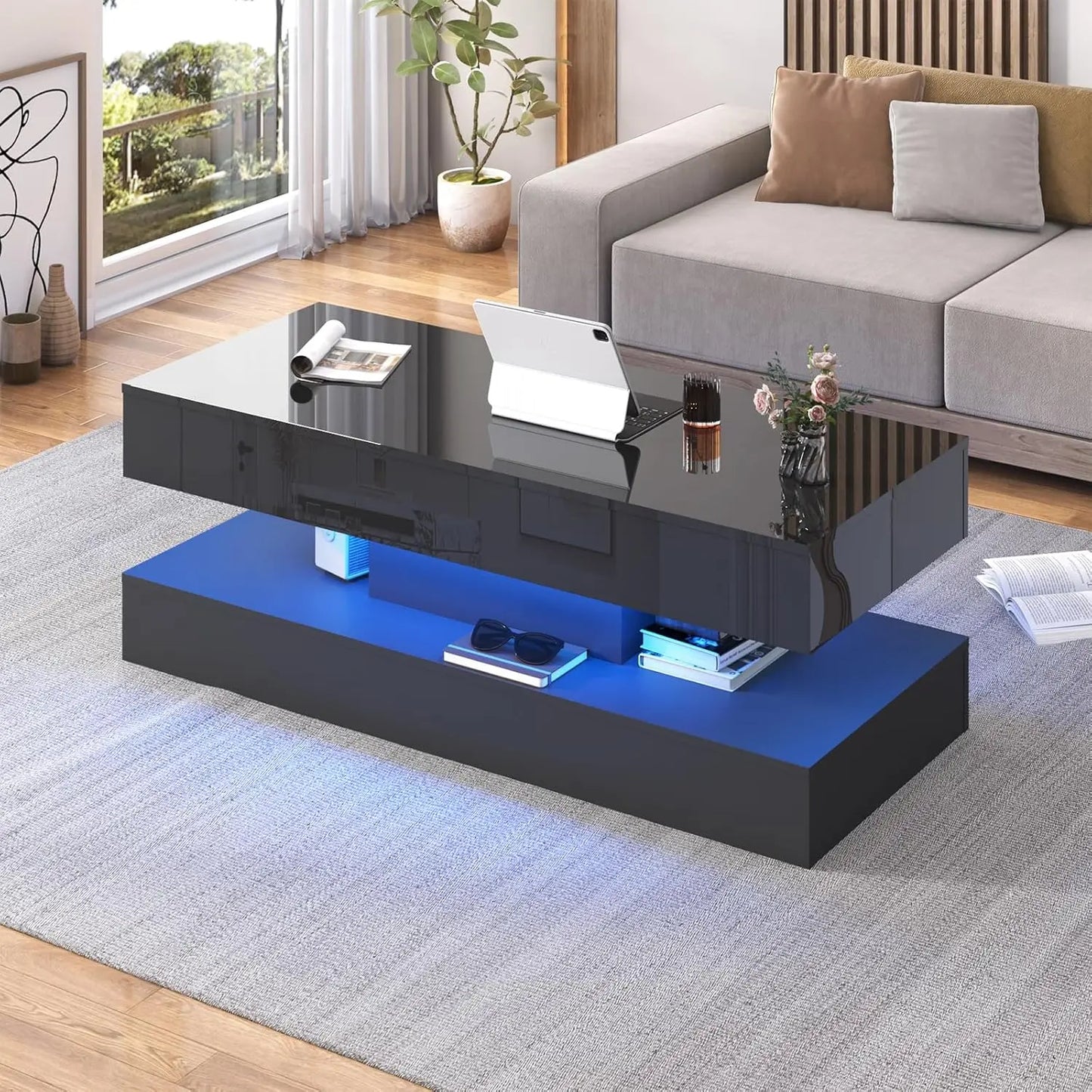 Modern Double-Layer Coffee Table with LED lights, 2 Storage Drawers