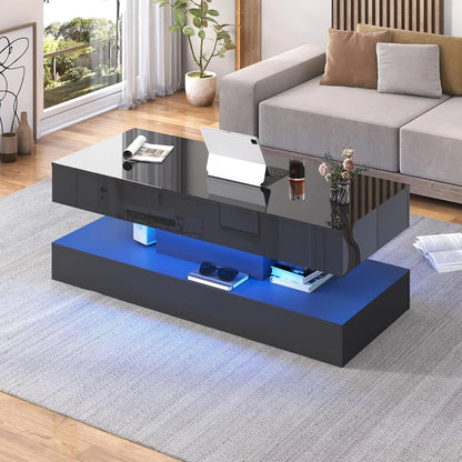 Modern Double-Layer Coffee Table with LED lights, 2 Storage Drawers