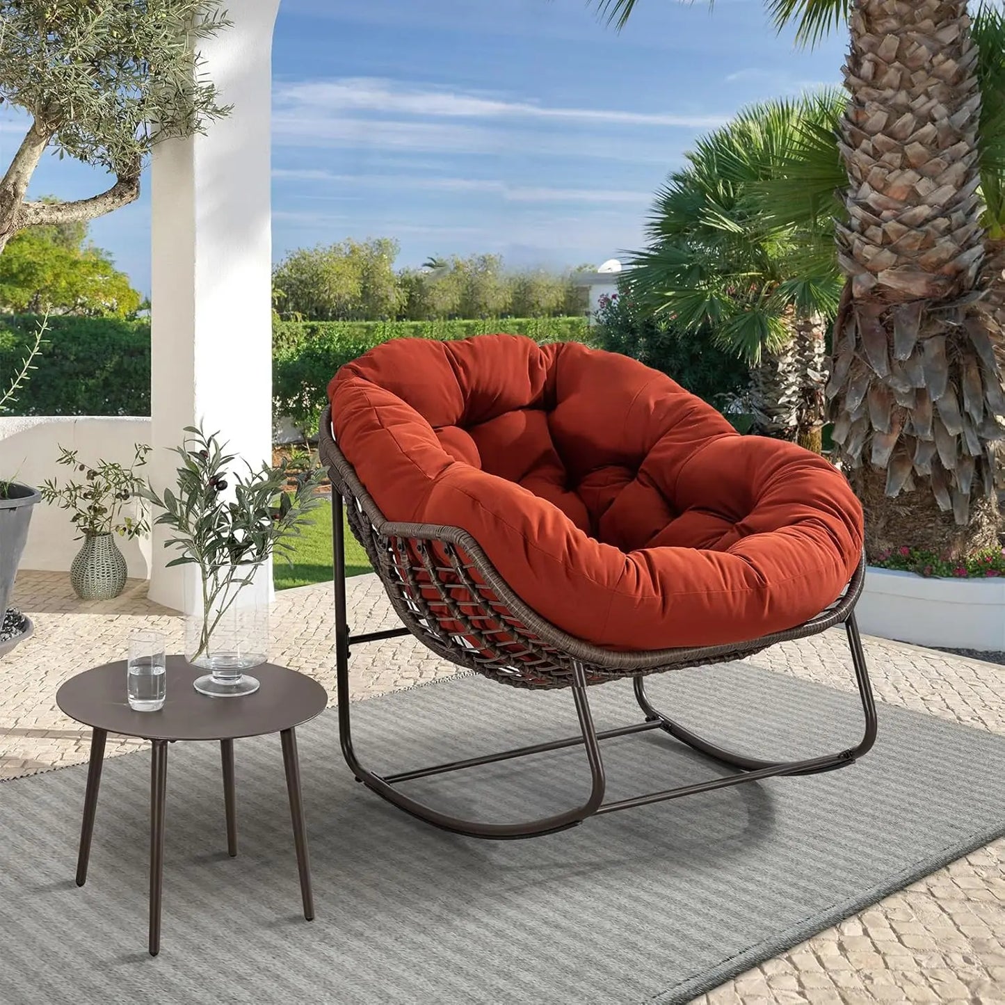 Oversized Rattan Egg Rocking Chair Padded Cushion Indoor Outdoor